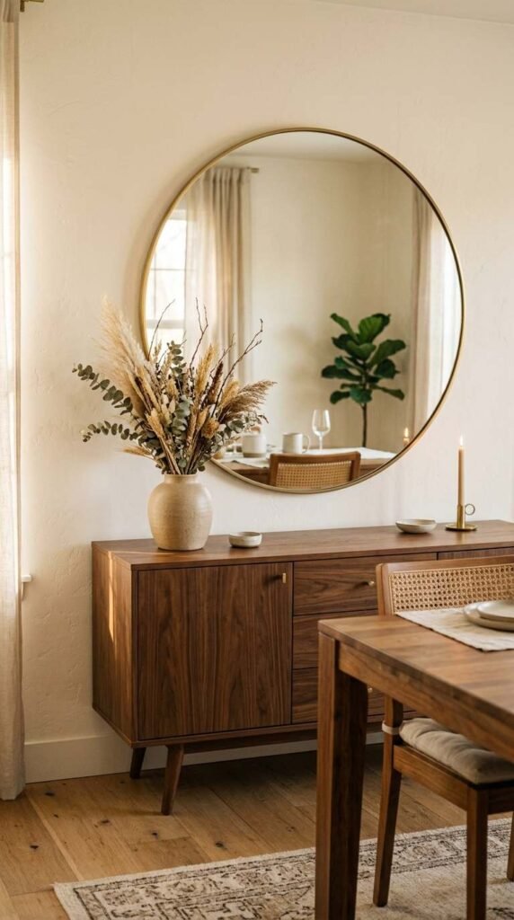 Oversized Round Mirror Above a Buffet
