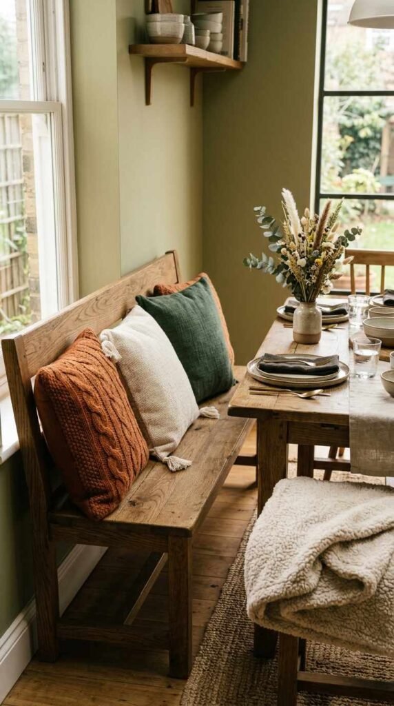 Layer Throw Pillows on a Dining Bench