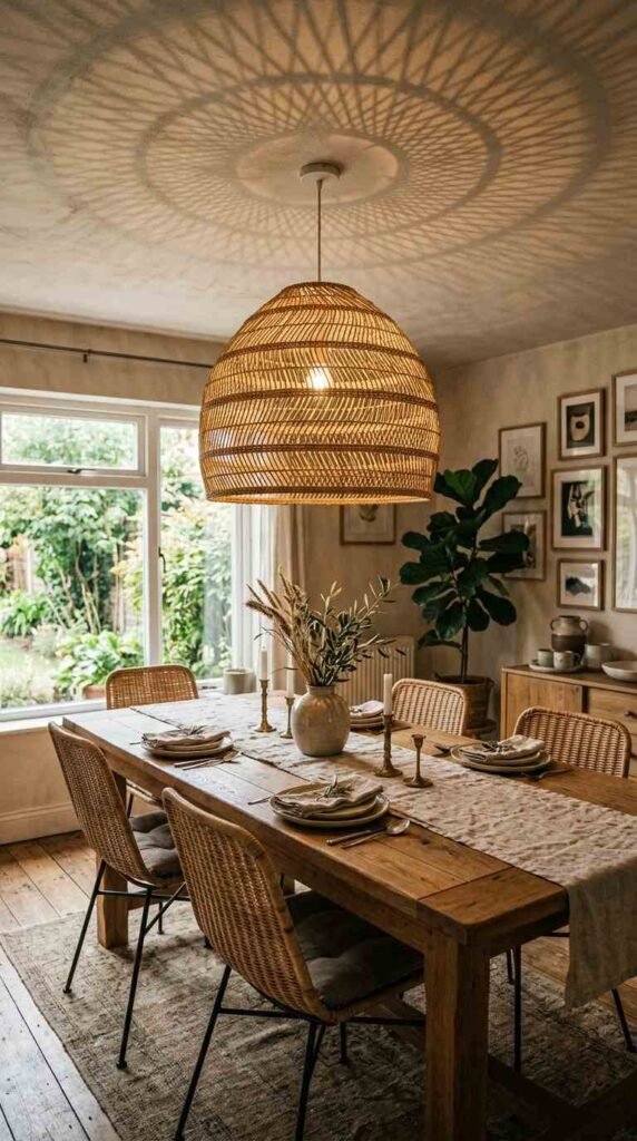 A Wicker Pendant Chandelier Becomes a Focal Point