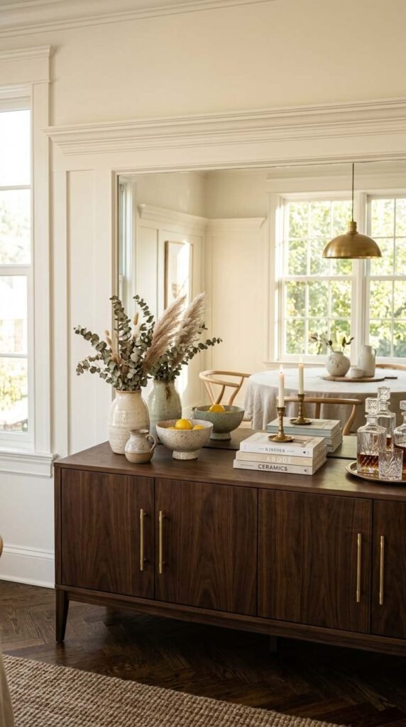 Mirrored Backsplash Behind a Sideboard