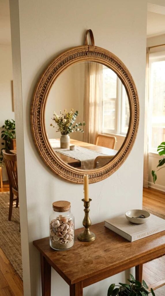 A Rattan Mirror Accent Reflects Natural Light