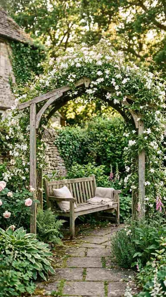 A Corner Bench with Overhead Arbor