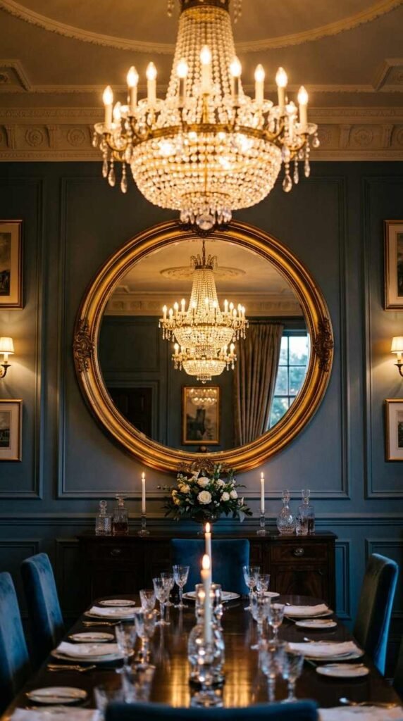 Mirror Reflecting a Chandelier