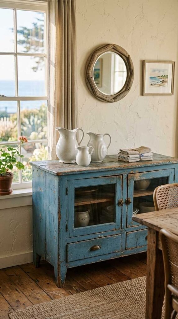 A Weathered Blue Buffet Cabinet Anchors the Room