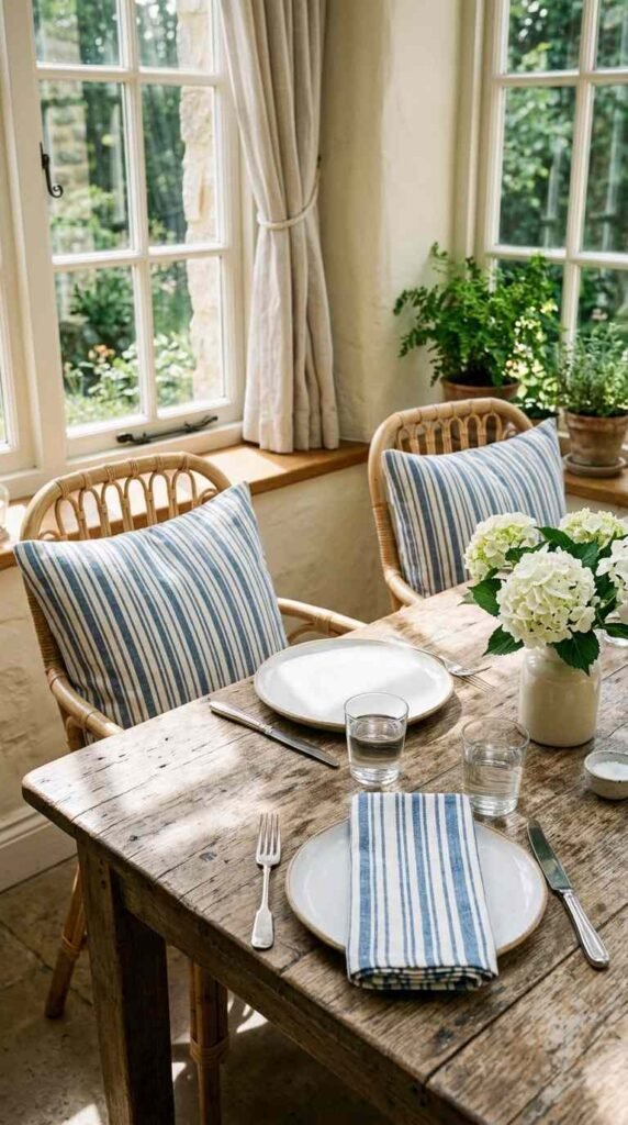 Blue and White Striped Textiles Bring Classic Charm