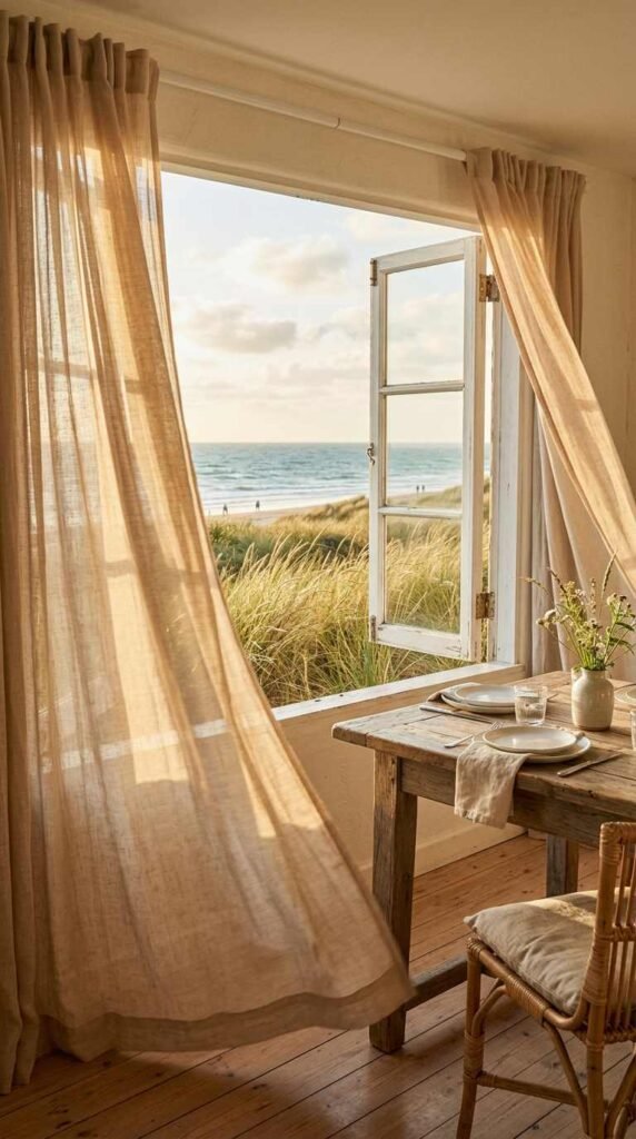Linen Curtains in Sandy Tones Soften the Room