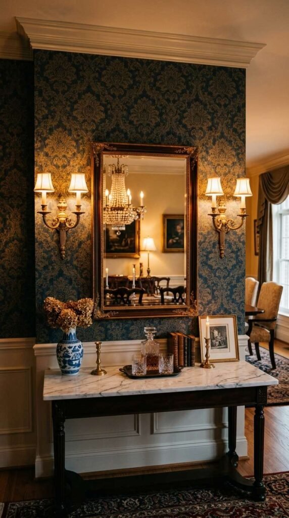 Mirror Paired with Wall Sconces