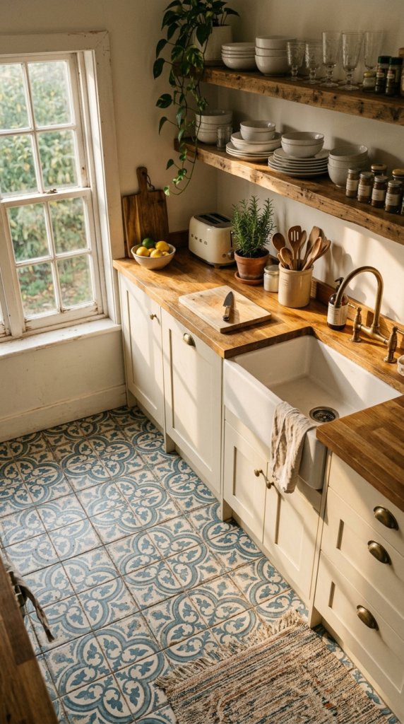 Blue Patterned Tile Floor
